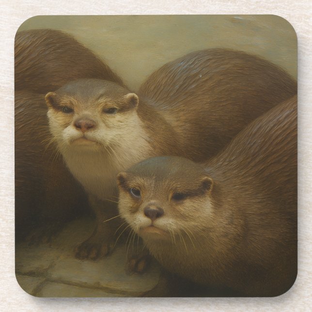 Otter Quartet – Playful Wildlife Art Print Beverage Coaster (Front)