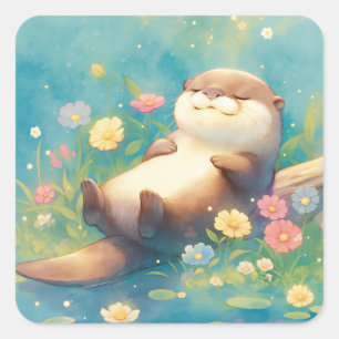 Otter Relaxing on Log with Colorful Flowers Square Sticker