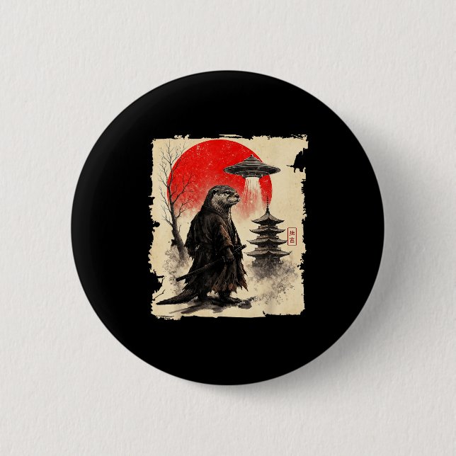 Otter Samurai Retro Ufo Japanese Warrior Art Graph Button (Front)