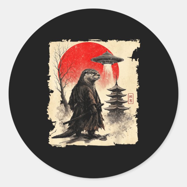 Otter Samurai Retro Ufo Japanese Warrior Art Graph Classic Round Sticker (Front)