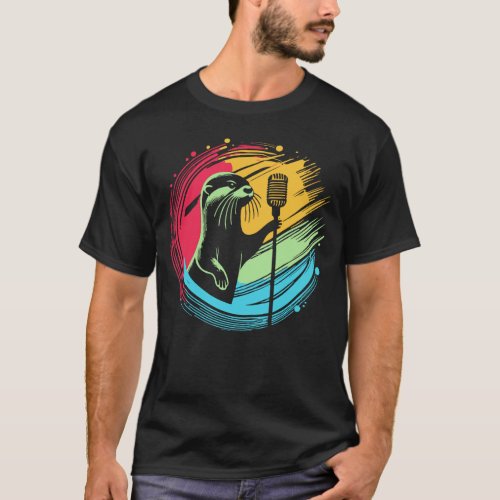 Otter Singing with Colorful Abstract Background T_Shirt