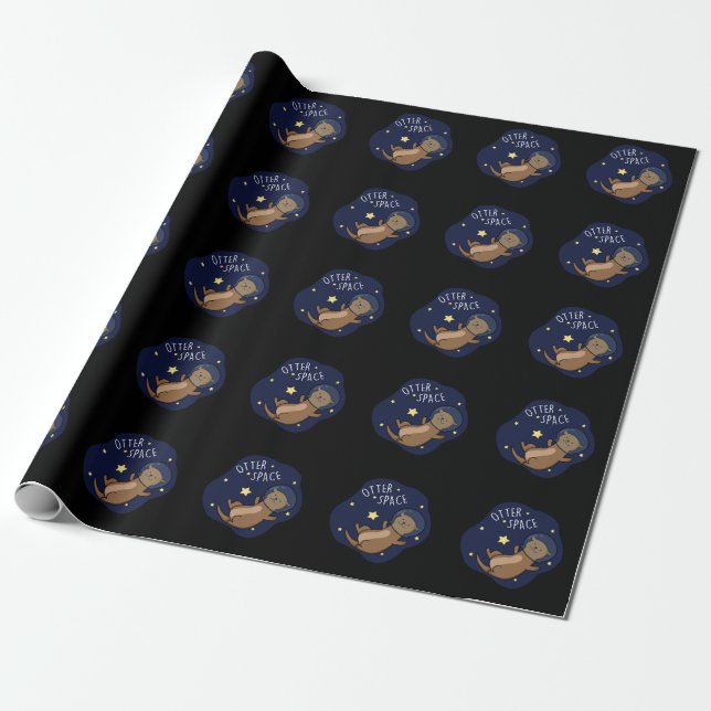 Otter Space Funny Astronaut Otter Pun Dark BG Wrapping Paper (Unrolled)