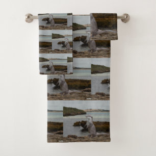 Otter Standing On Rocks At The Seaside, Bath Towel Set