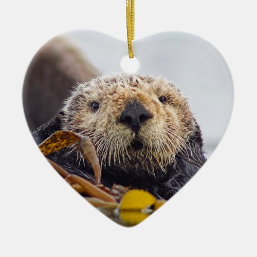 Otter Surprise Heart Shaped Ceramic Ornament