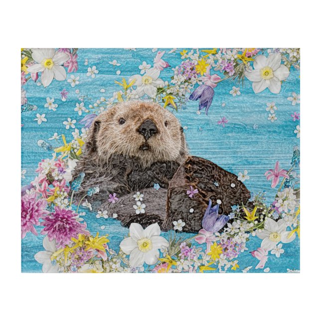 Otter Swimming in Flowers Acrylic Print (Front)