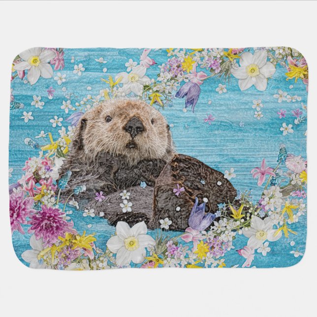 Otter Swimming in Flowers Baby Blanket (Horizontal)