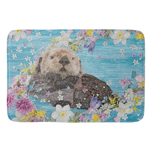 Otter Swimming in Flowers Bath Mat