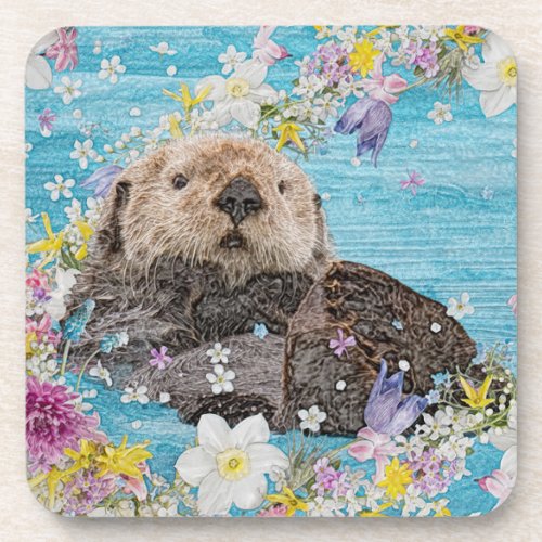 Otter Swimming in Flowers Beverage Coaster