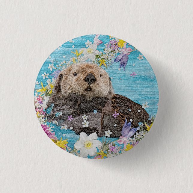 Otter Swimming in Flowers Button (Front)