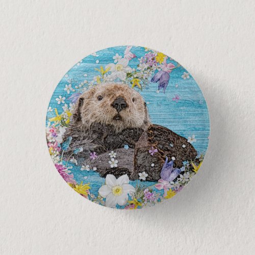 Otter Swimming in Flowers Button