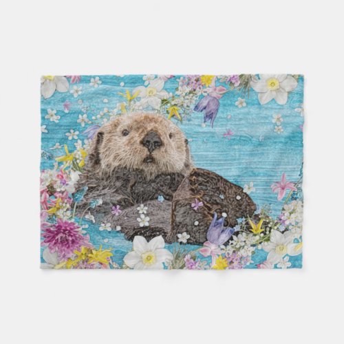 Otter Swimming in Flowers Fleece Blanket