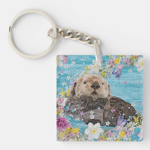 Otter Swimming in Flowers Keychain