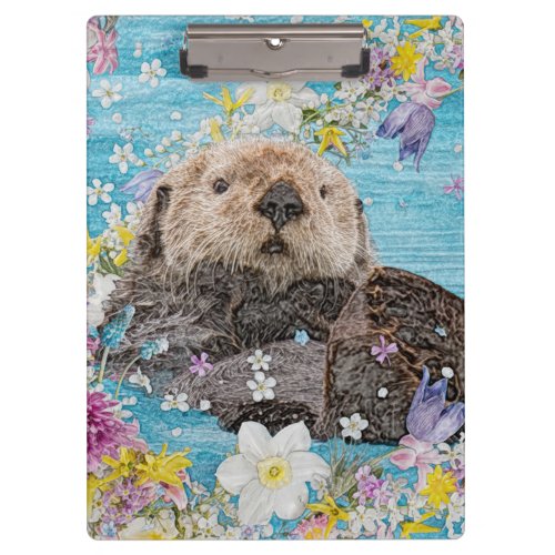 Otter Swimming in Flowers Notebook Clipboard