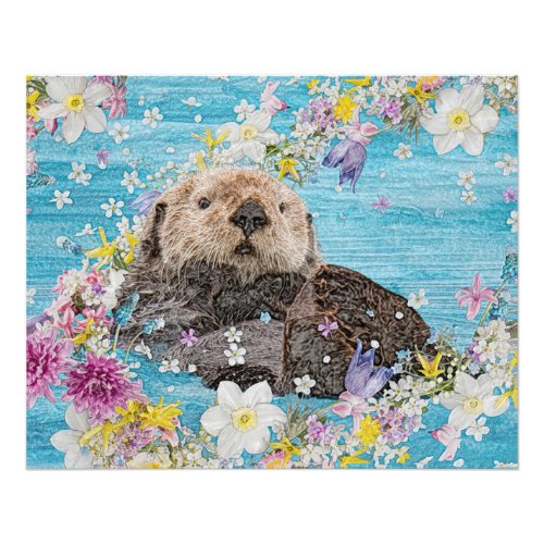 Otter Swimming in Flowers Photo Print