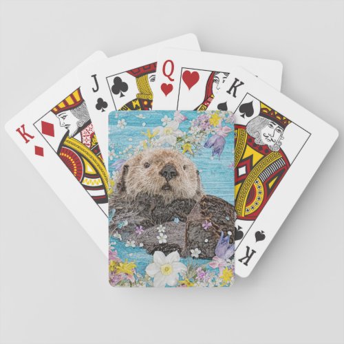 Otter Swimming in Flowers Poker Cards