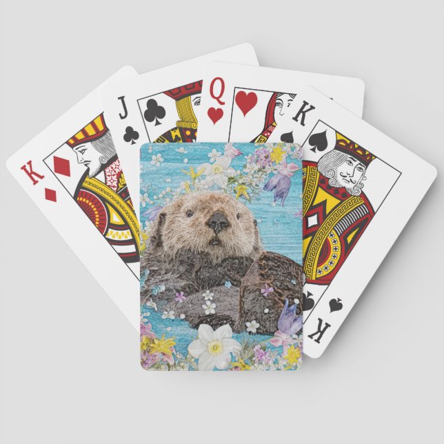 Otter Swimming in Flowers Poker Cards (Back)