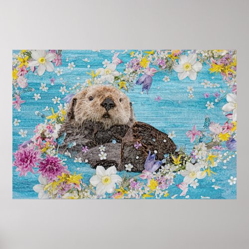 Otter Swimming in Flowers Poster