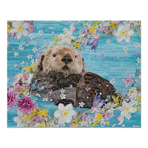 Otter Swimming in Flowers Poster