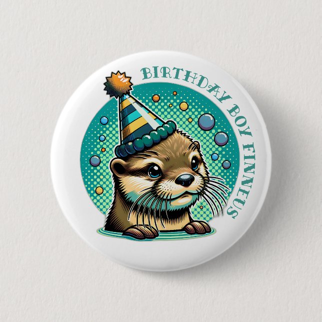 Otter Themed Blue Boy's Birthday Personalized Button (Front)