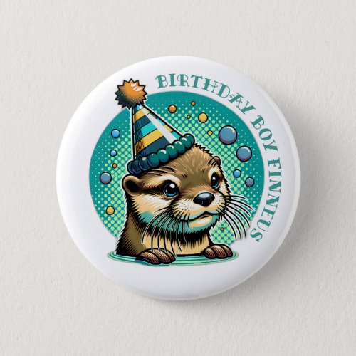 Otter Themed Blue Boys Birthday Personalized Button