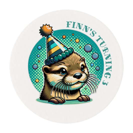Otter Themed Blue Boy's Birthday Personalized Edible Frosting Rounds (Front)