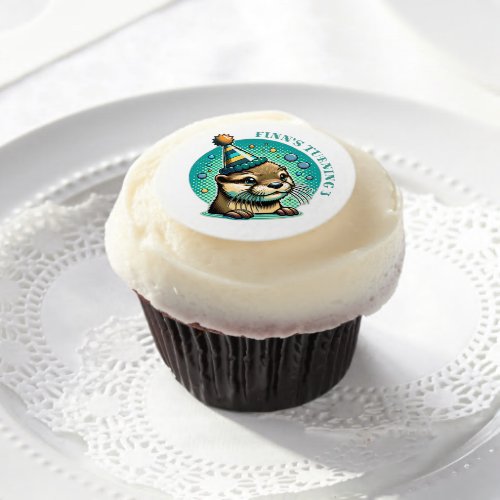 Otter Themed Blue Boys Birthday Personalized Edible Frosting Rounds