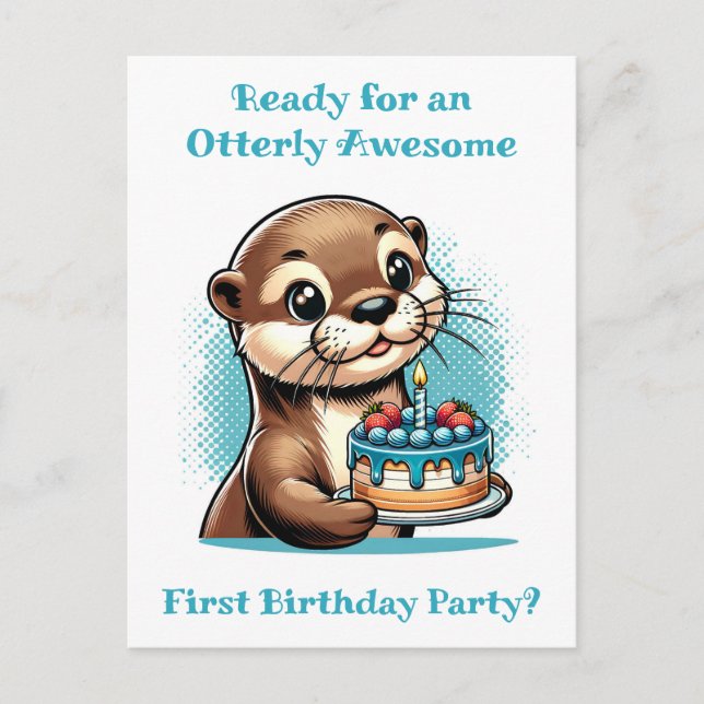 Otter Themed Boy's First Birthday Party Postcard (Front)