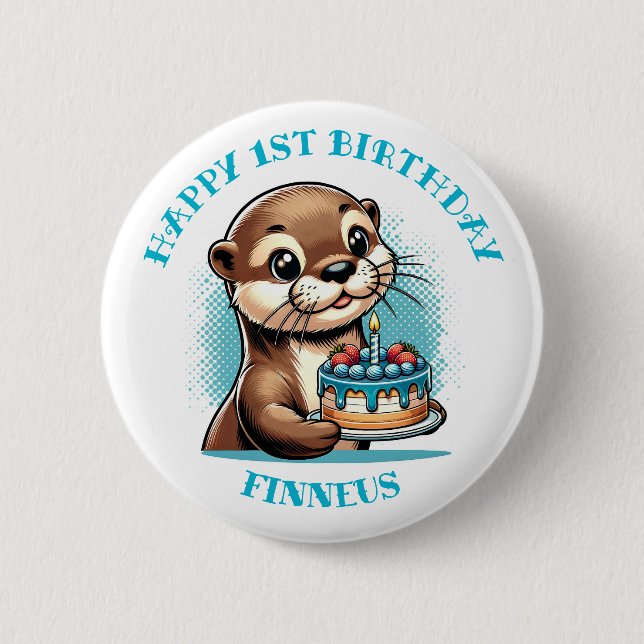 Otter Themed Boy's First Birthday Personalized Button (Front)