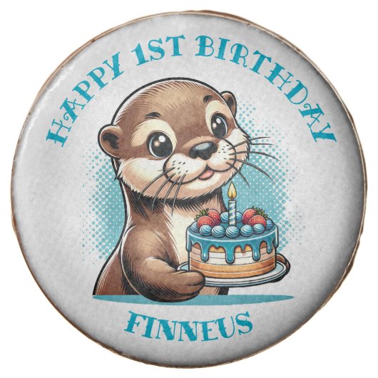 Otter Themed Boy's First Birthday Personalized Chocolate Covered Oreo (Front)