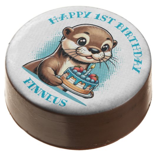 Otter Themed Boy's First Birthday Personalized Chocolate Covered Oreo (Angled)