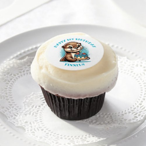 Otter Themed Boys First Birthday Personalized Edible Frosting Rounds