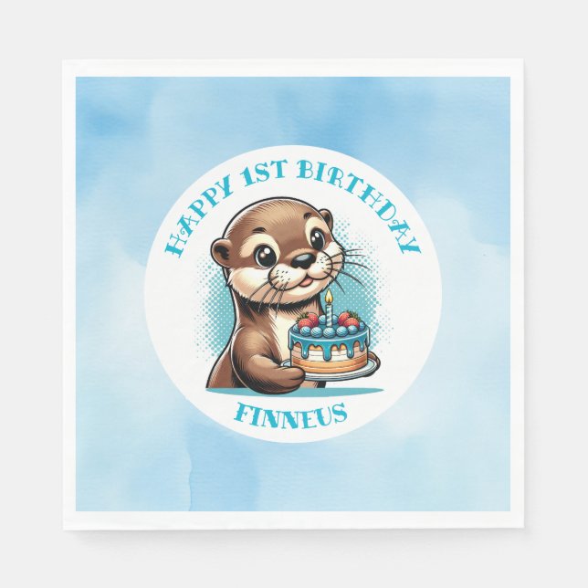 Otter Themed Boy's First Birthday Personalized Napkins (Front)