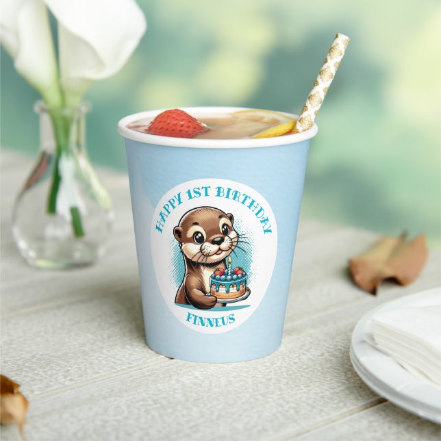 Otter Themed Boy's First Birthday Personalized Paper Cups (Insitu)