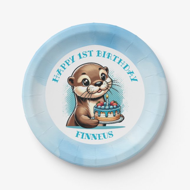Otter Themed Boy's First Birthday Personalized Paper Plates (Front)