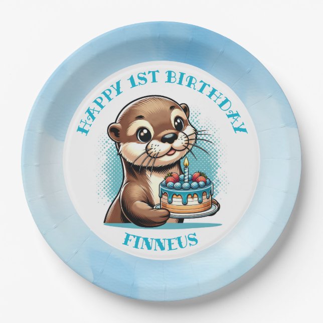 Otter Themed Boy's First Birthday Personalized Paper Plates (Front)
