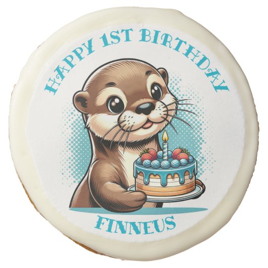 Otter Themed Boy's First Birthday Personalized Sugar Cookie (Front)
