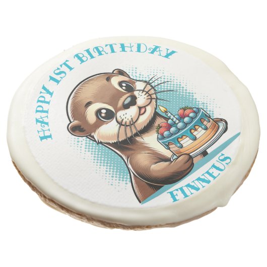 Otter Themed Boy's First Birthday Personalized Sugar Cookie (Angled)