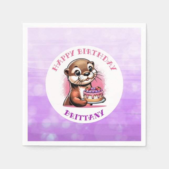 Otter Themed Girl's Birthday Party  Napkins (Front)