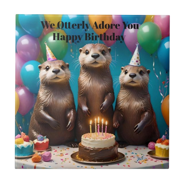 Otter Triplets Otterly Adore You Birthday Party, Ceramic Tile (Front)