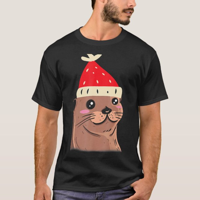 Otter Ugly Christmas Gingerbread Stocking Holly T-Shirt (Front)