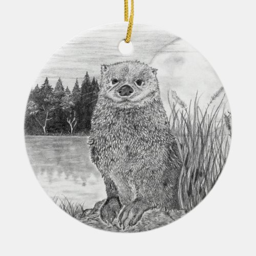 Otter Under the Moon by the Lake Ceramic Ornament