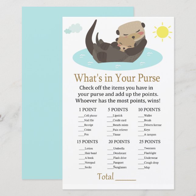 Otter What's in your purse game baby shower (Front/Back)