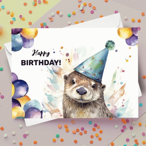 Otter with Balloons and Party Hat Happy Birthday Card