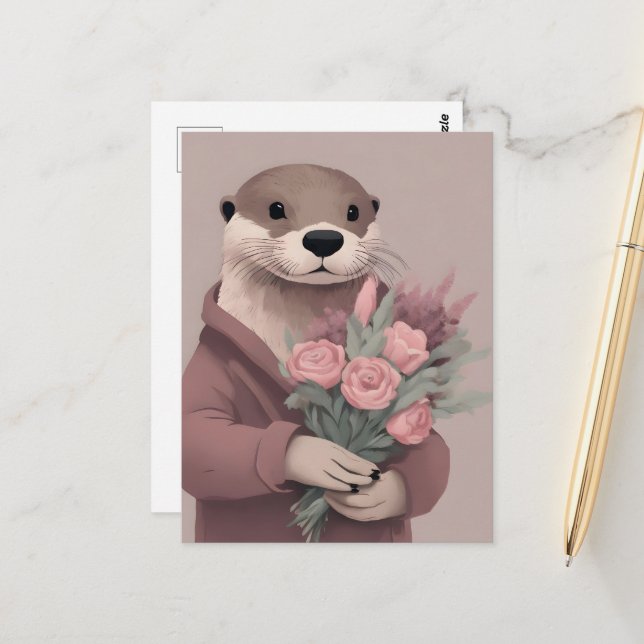 Otter With Flowers Postcard (Front/Back In Situ)