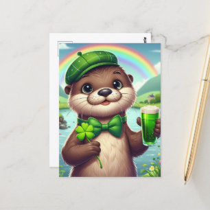 Otter With Green Beer, Shamrocks, and Rainbow Postcard