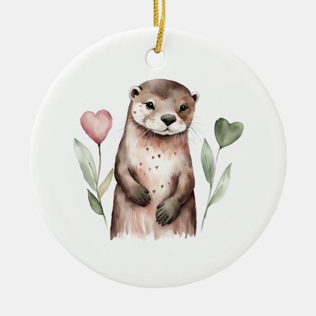 Otter With Heart Shaped Flowers Ceramic Ornament (Front)