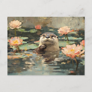Otter with Lotus Flowers Painting Postcard