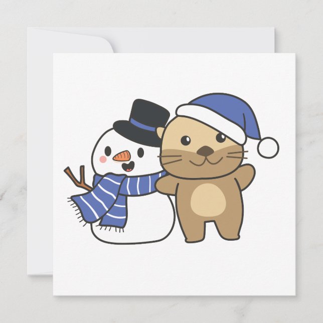 Otter With Snowman In Winter For Christmas Holiday Card (Front)