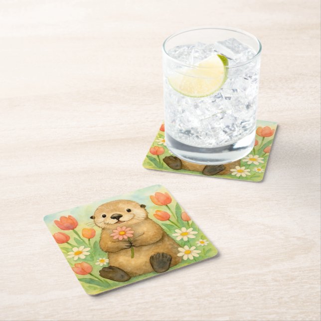 Otter with Spring Blooms Square Paper Coaster (Insitu)