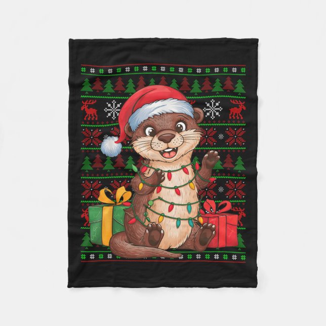 Otter Xmas Lights Ugly Santa Hat Otter Christmas  Fleece Blanket (Front)